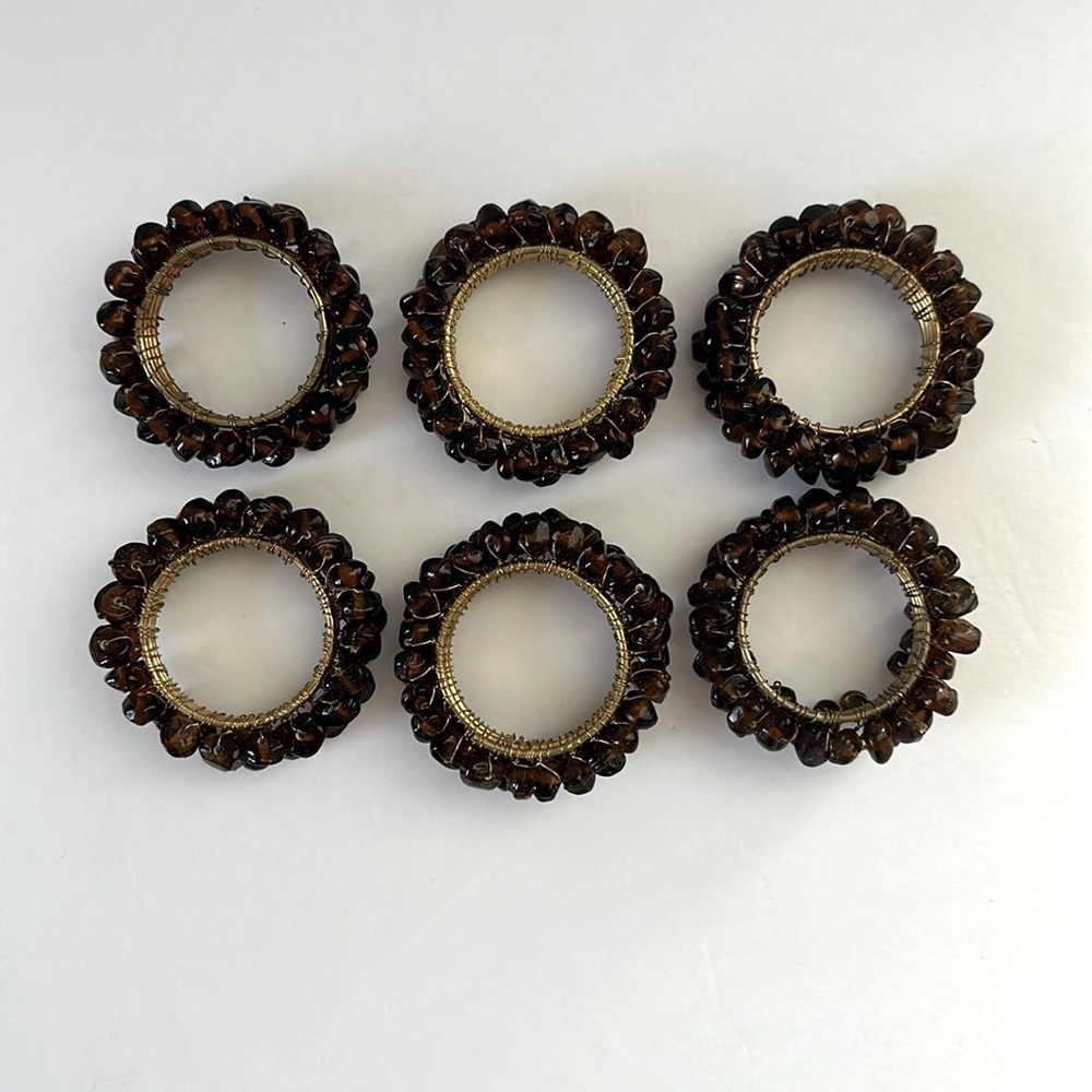 Pier 1 Vintage Beaded Napkin Metal Amber Gold Napkin Rings Set of 6 Bronze Wire - Picture 2 of 7